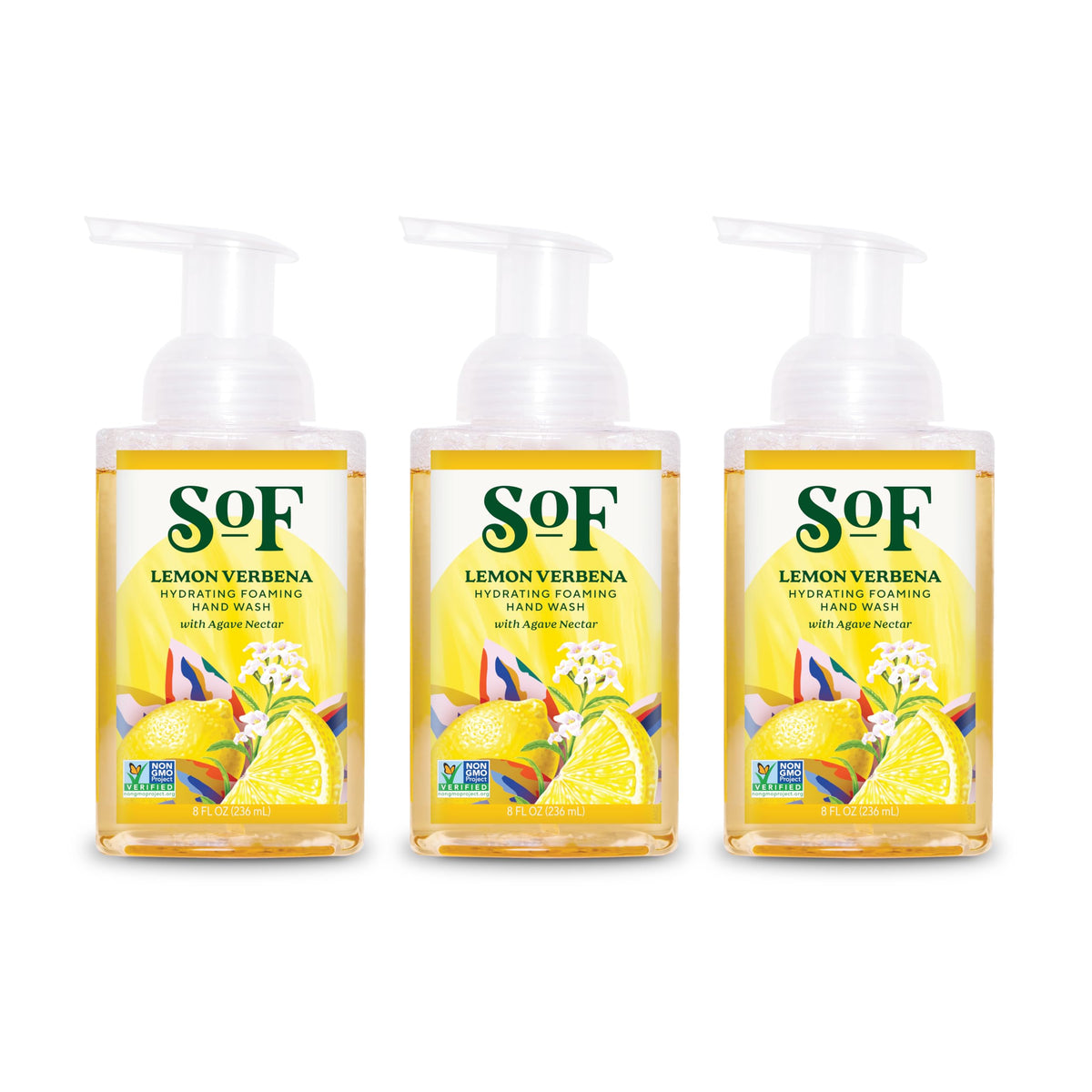 South Of France SoF Lemon Verbena foaming hand wash in a 3-pack, refreshing cleansing.