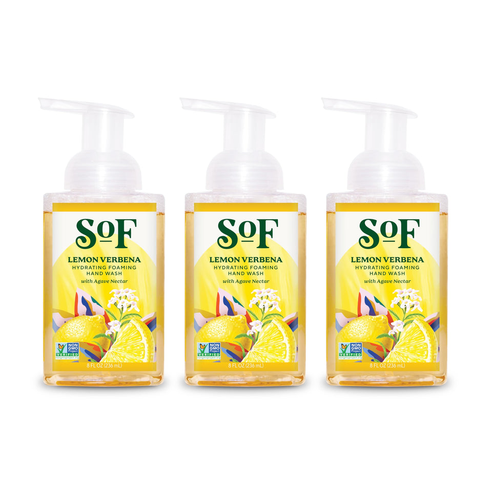 South Of France SoF Lemon Verbena foaming hand wash in a 3-pack, refreshing cleansing.