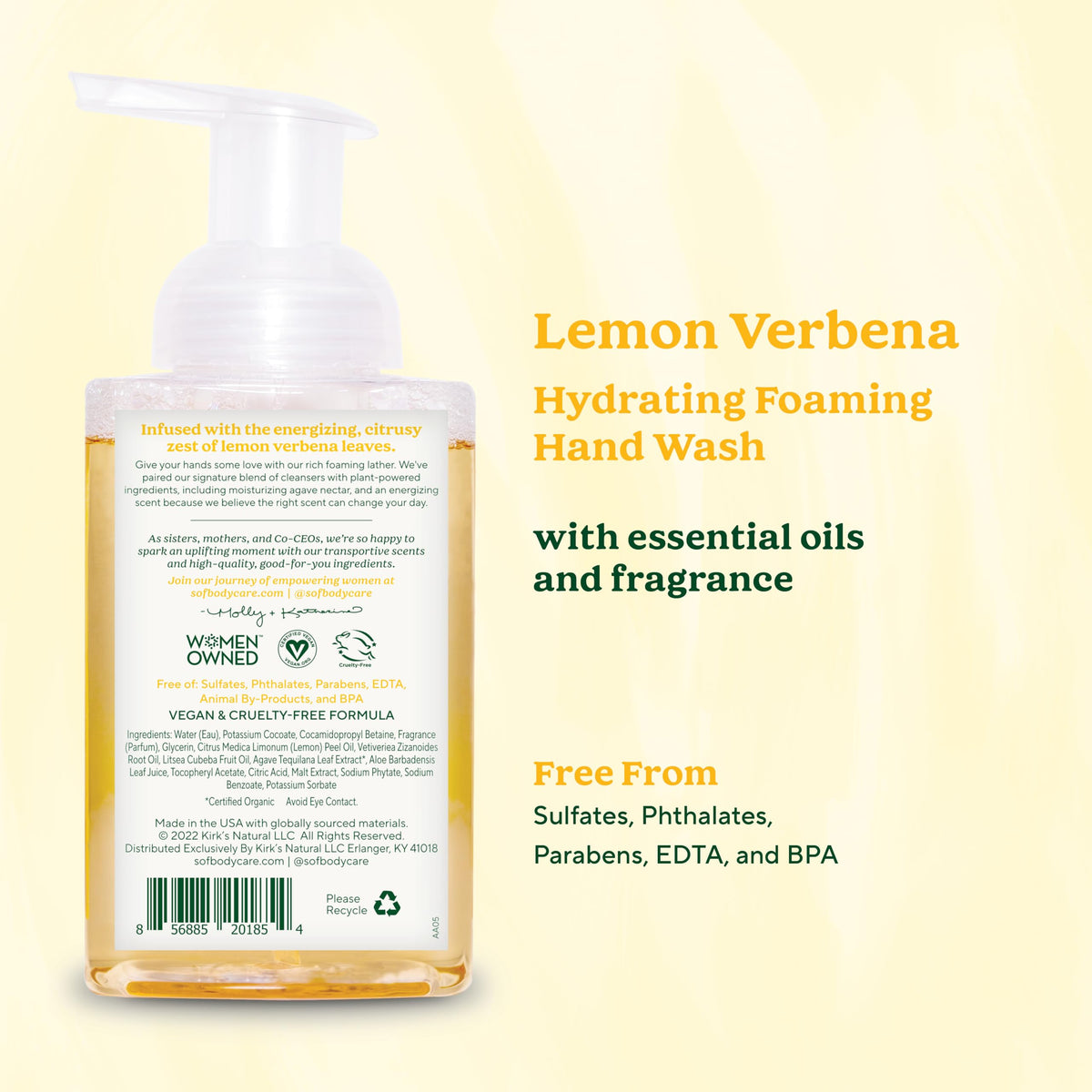 SoF Lemon Verbena hand wash bottle with pump delivers airy foam for gentle cleansing.