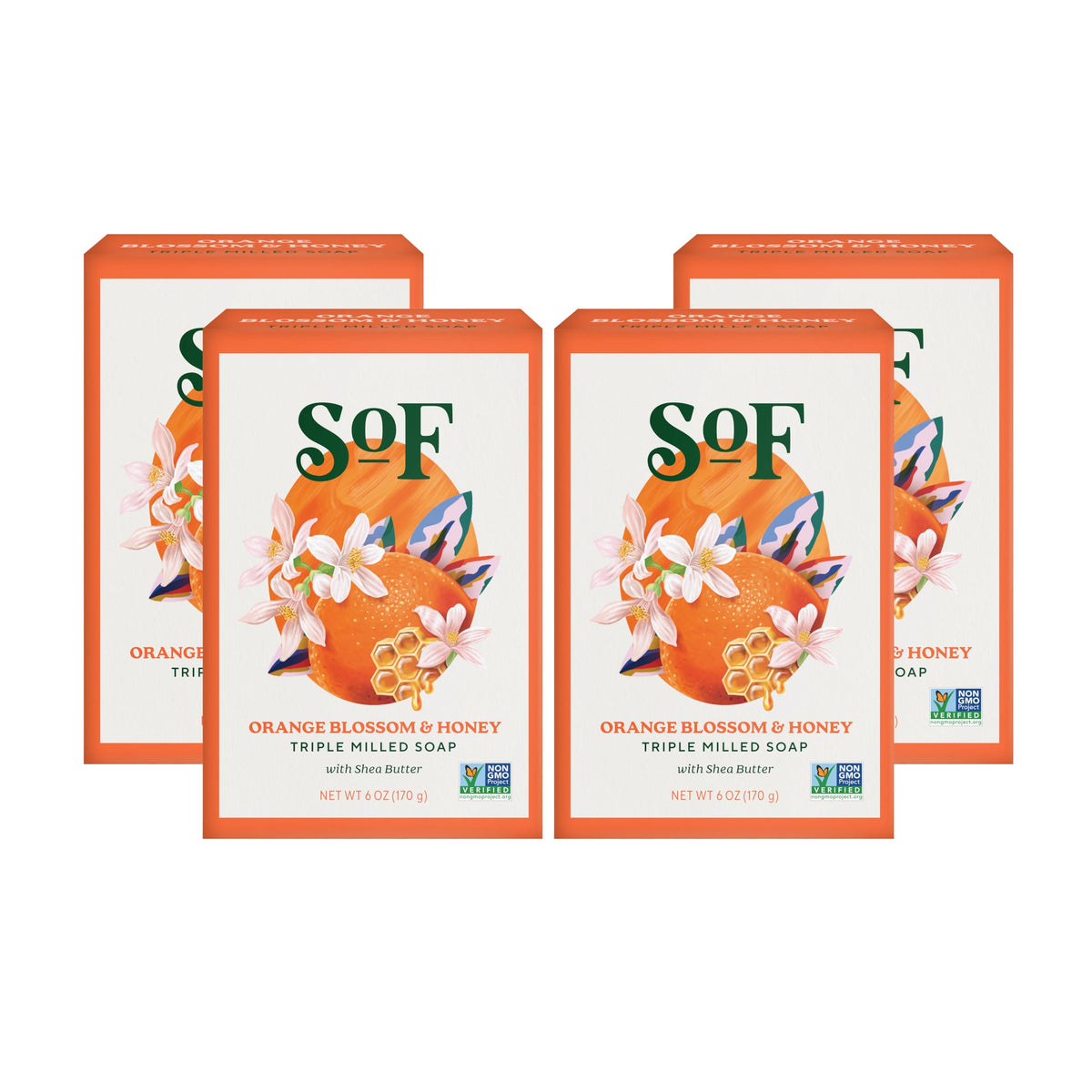 South Of France SoF orange blossom honey bar soap pack showing creamy cleansing experience