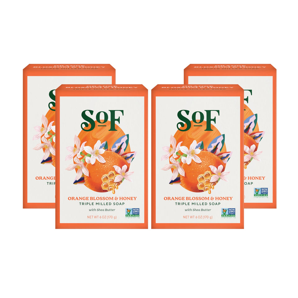 South Of France SoF orange blossom honey bar soap pack showing creamy cleansing experience