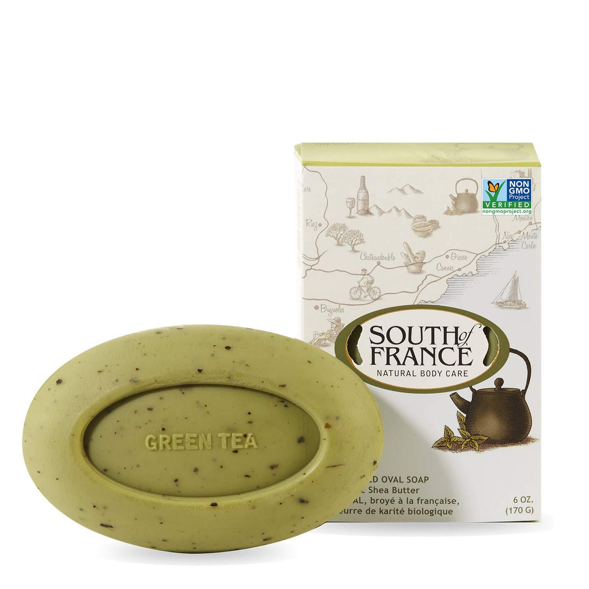 South Of France SoF triple milled bar soap with green tea leaves for a soothing cleanse