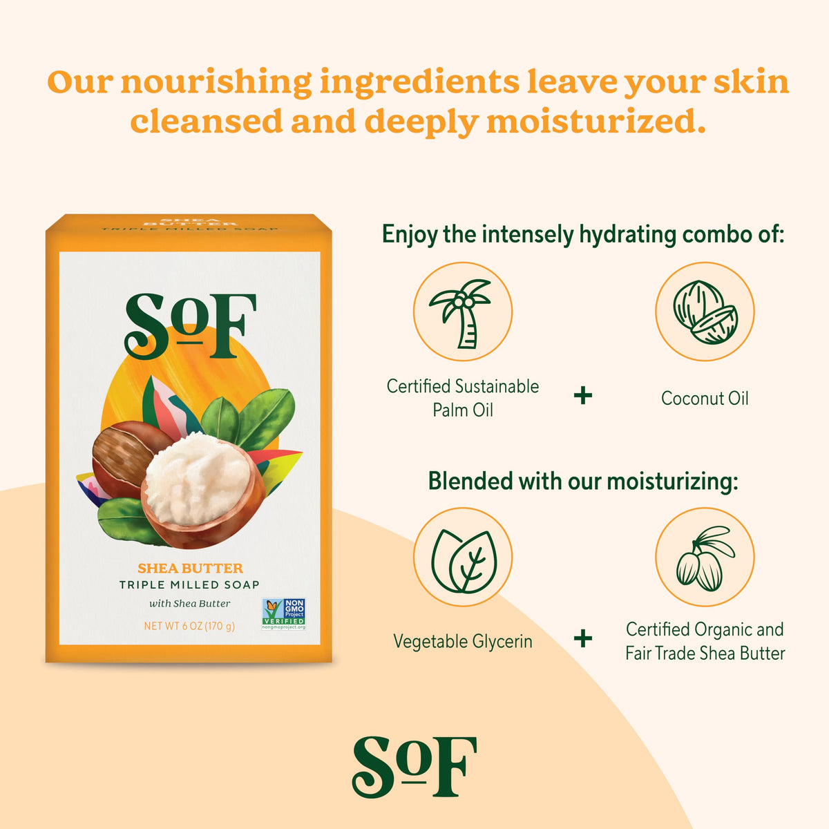 Vegan and non-GMO label on South Of France SoF soap