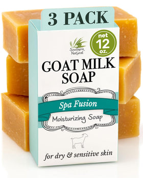 Southern Natural Goat Milk Soap Bar 3-Pack front label highlights gentle cleansing for sensitive skin