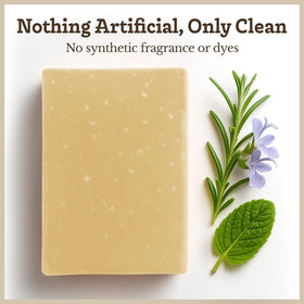 Southern Natural Rosemary Mint Goat Milk Soap Bar slice showcased on wooden surface.