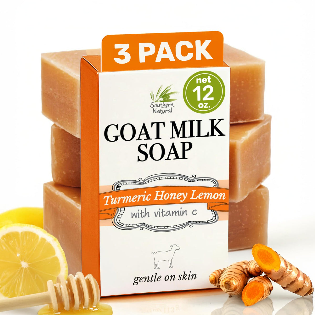 Southern Natural turmeric honey lemon goat milk soap bar closeup highlighting natural ingredients for gentle hydration.