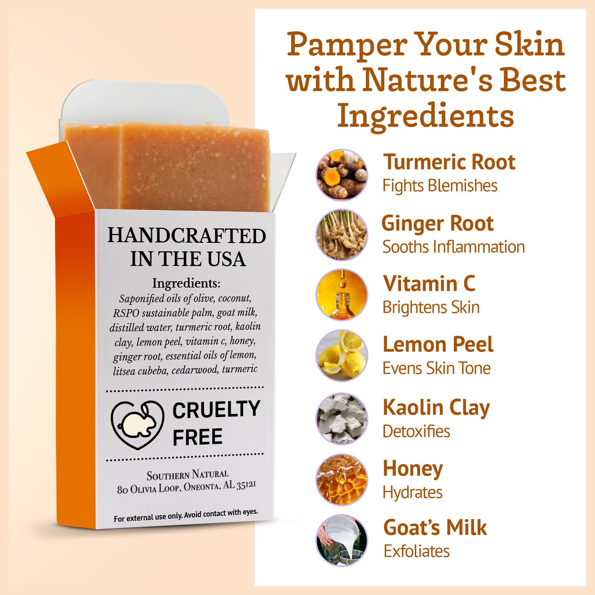 Southern Natural turmeric honey lemon goat milk soap bar ingredients spread featuring turmeric and vitamin C.