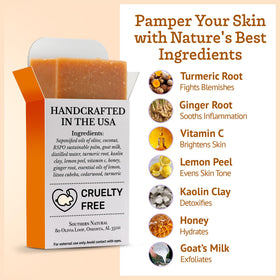 Southern Natural turmeric honey lemon goat milk soap bar ingredients spread featuring turmeric and vitamin C.