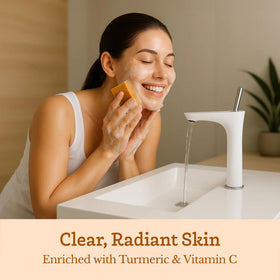 Southern Natural turmeric honey lemon goat milk soap bar lather shows creamy cleansing for face and body.