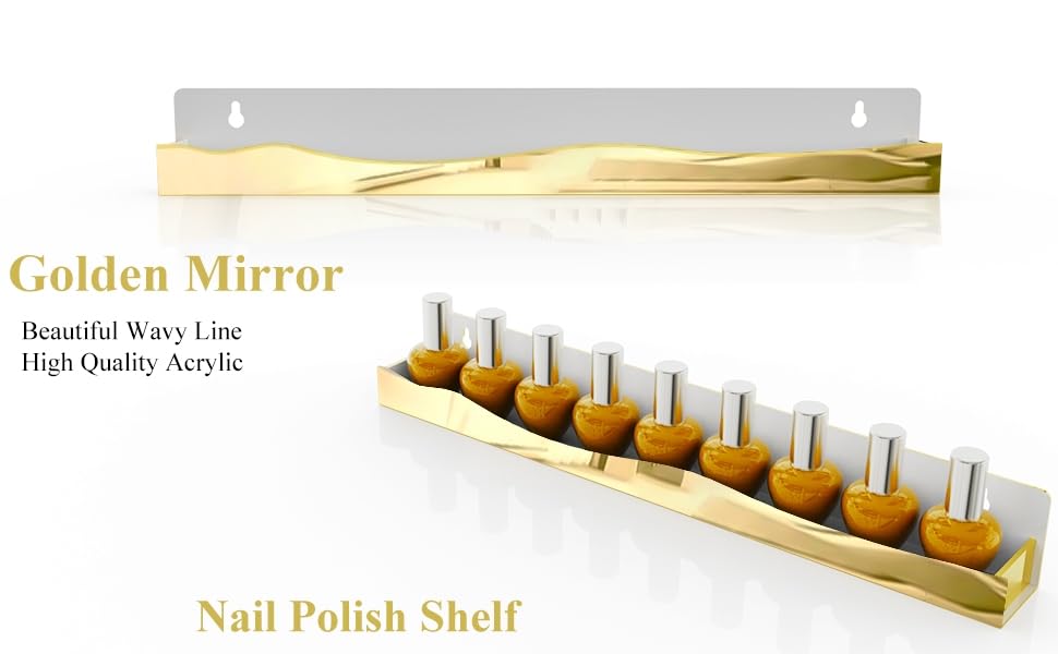 SOVQUEST nail polish displayed on gold acrylic shelves