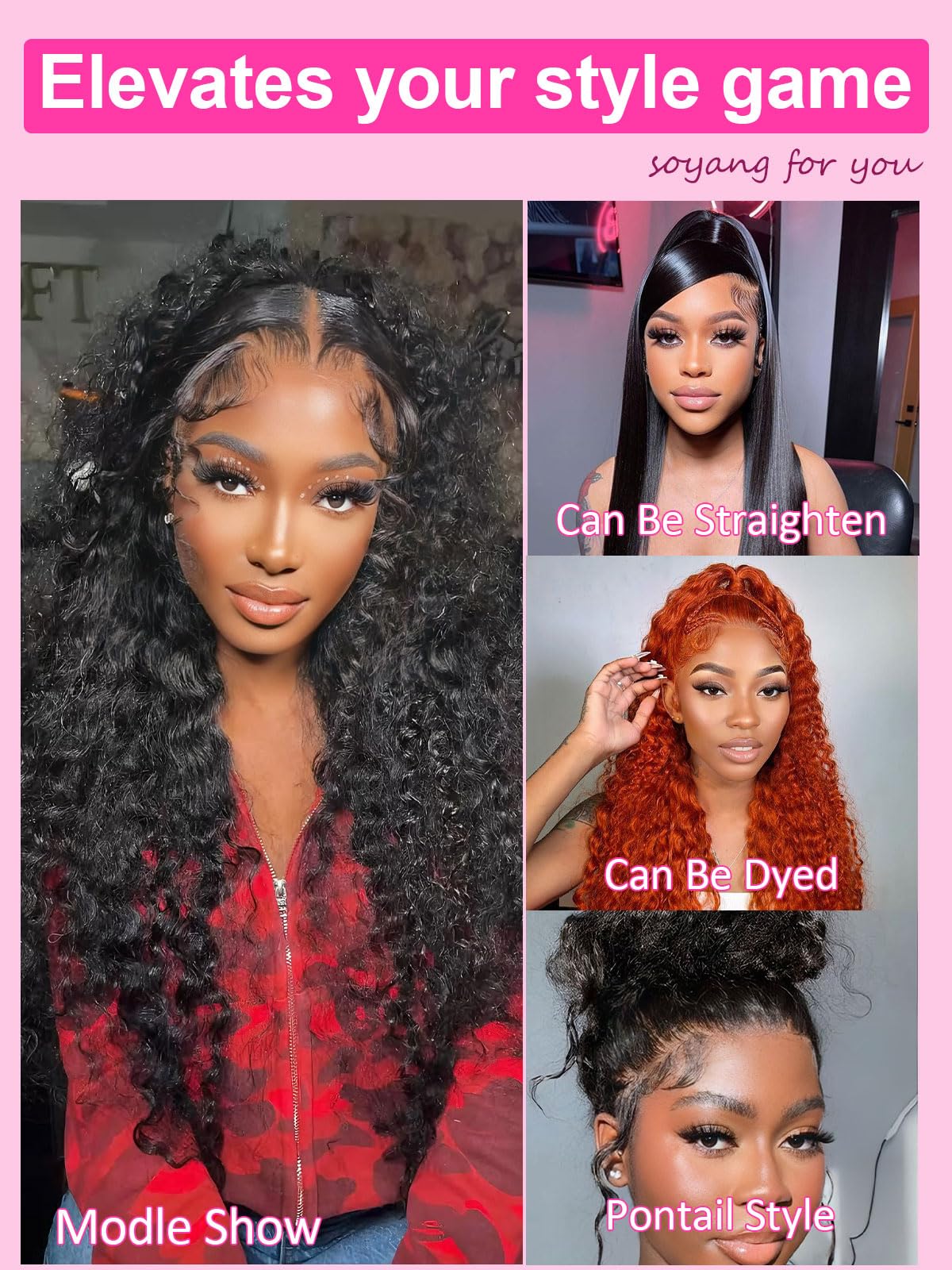 Soyang 360 wig versatility lets you wear down, up, or part.
