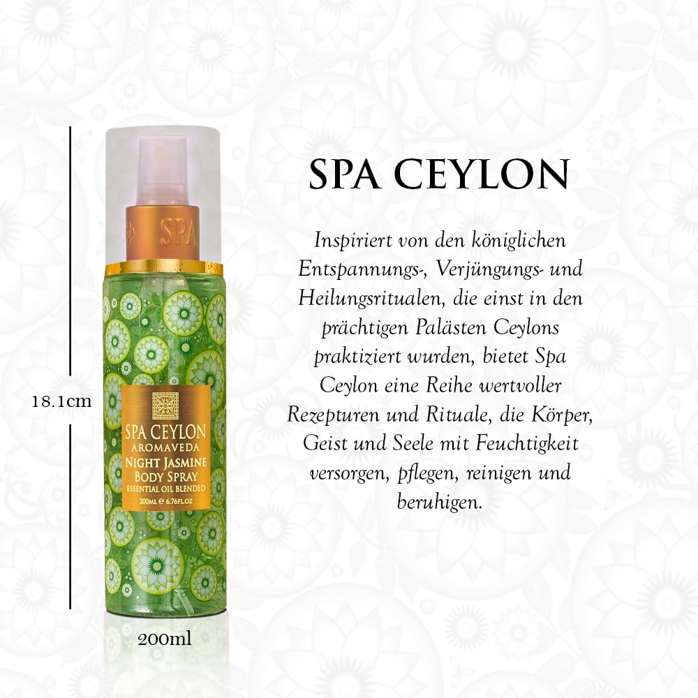 SPA CEYLON Night Jasmine bottle-side highlights long-lasting aroma for evenings out.
