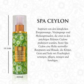 SPA CEYLON Night Jasmine bottle-side highlights long-lasting aroma for evenings out.
