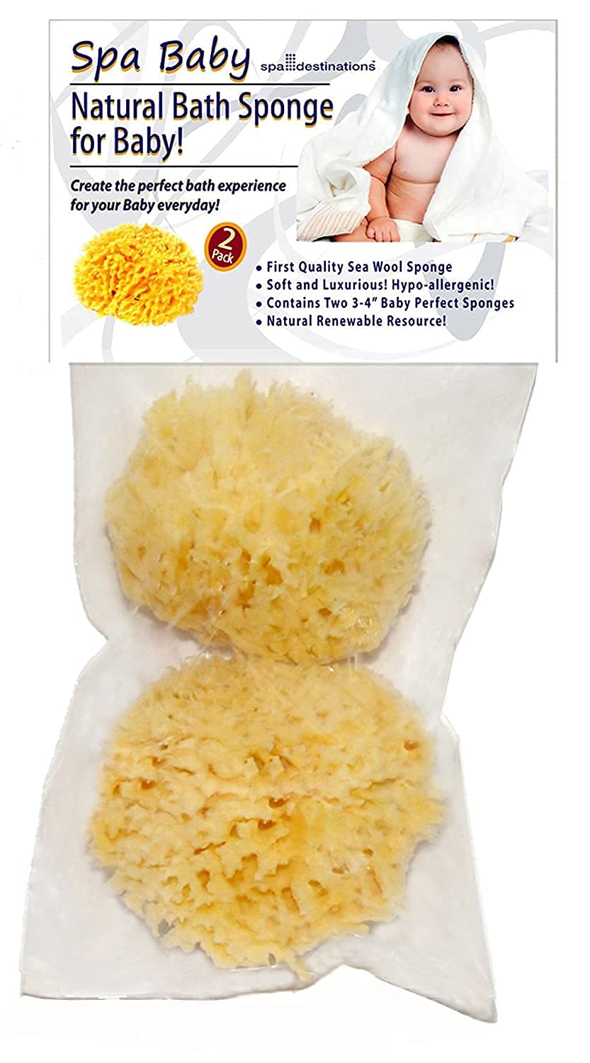 Spa Destinations baby absorbent natural bath sponge in a two-pack for gentle cleansing.