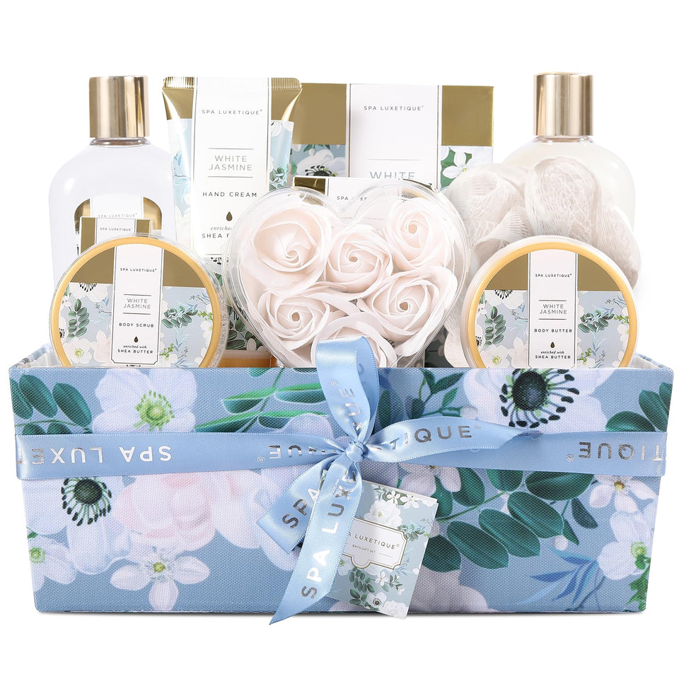 Spa Luxetique gift basket front view showing full spa set for a thoughtful gift.