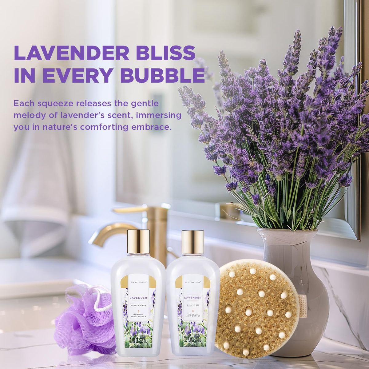 Spa Luxetique lavender gift basket body oil for moisturized, glowing skin.