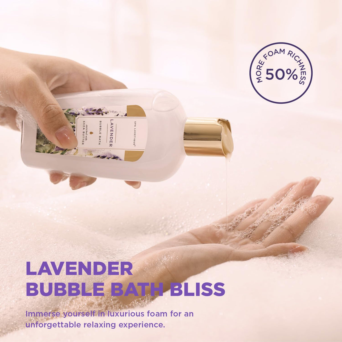 Spa Luxetique lavender gift basket bubble bath invites indulgent, fragrant soaks.