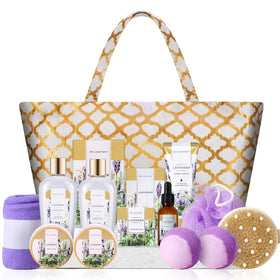 Spa Luxetique lavender gift basket setup for a relaxing at-home spa moment.