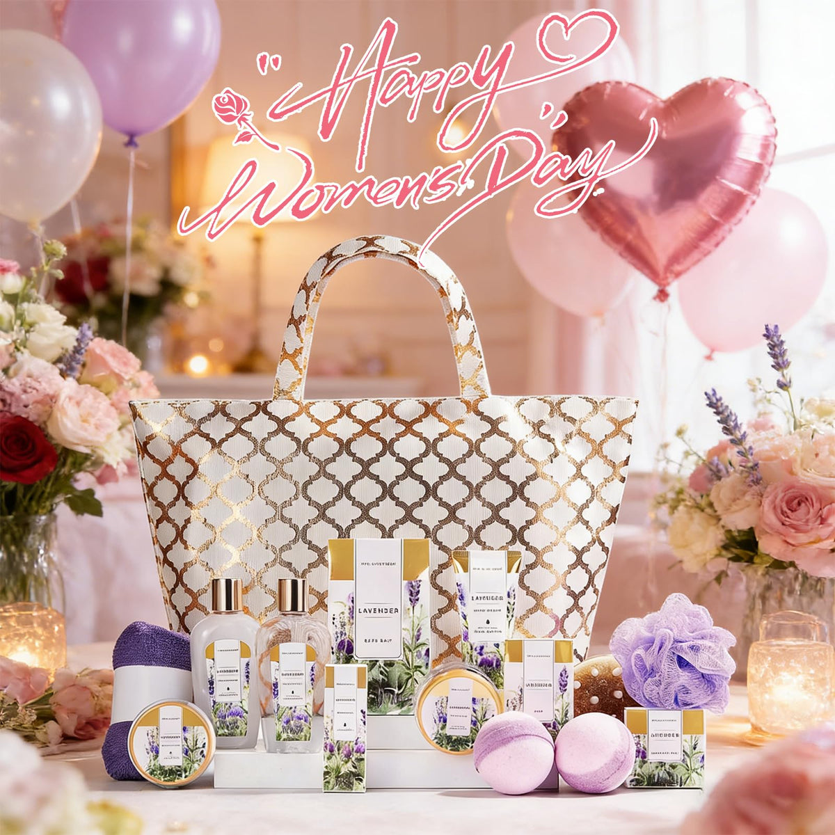 Spa Luxetique lavender gift basket with shower gel highlights a soothing cleanse.