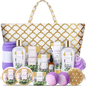 Spa Luxetique lavender gift basket showcases soothing home spa essentials