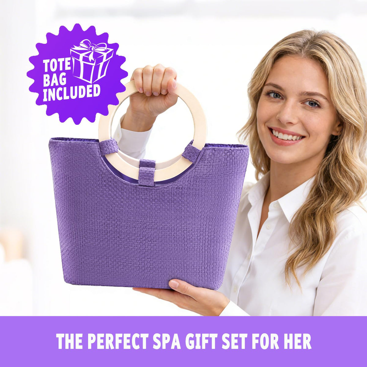 Spa Luxetique lavender spa tote bag for travel and gifting.