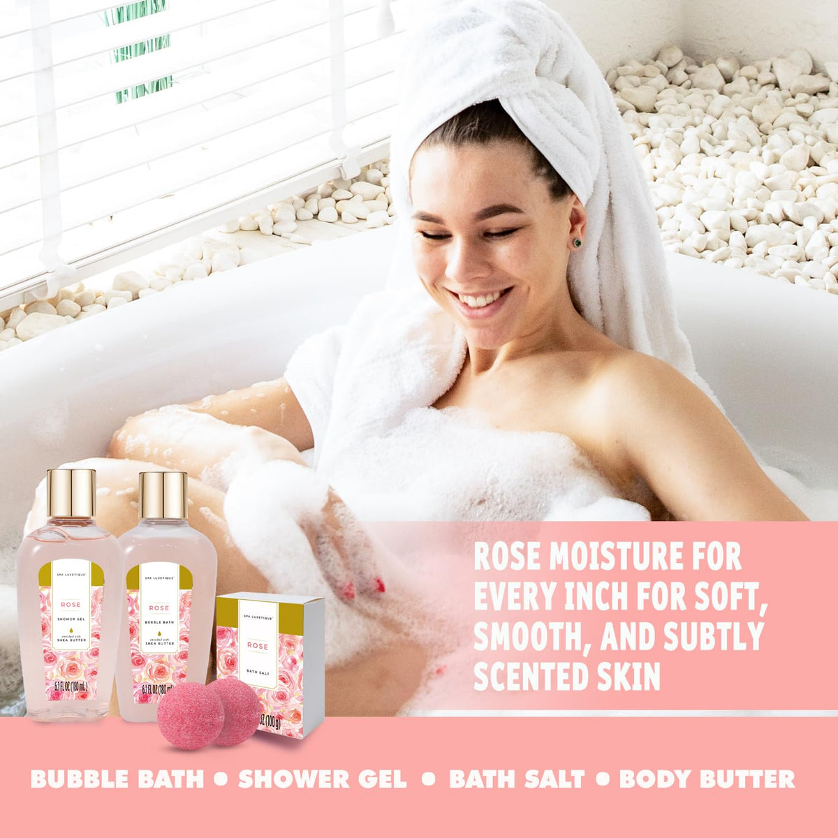 Spa Luxetique rose bath bombs and salts for a relaxing bath.