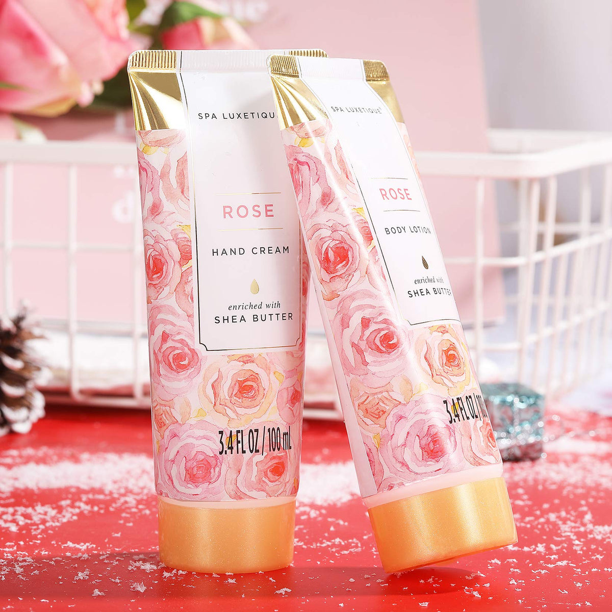 Spa Luxetique rose bath bombs for a relaxing soak.