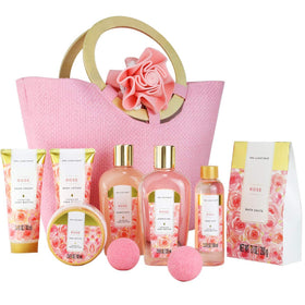 Spa Luxetique rose bath set in a pink tote, ideal gift for self-care.