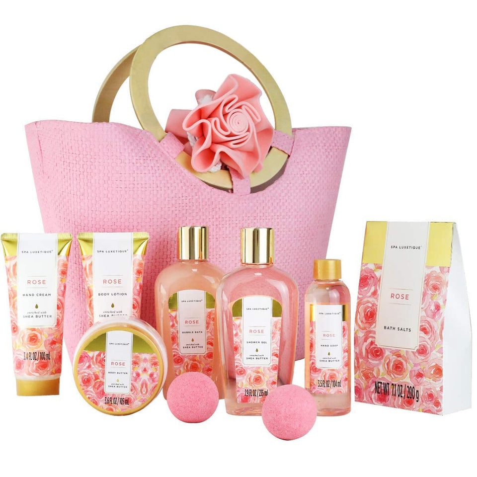 Spa Luxetique rose bath set in a pink tote, ideal gift for self-care.