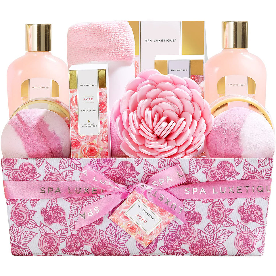 Spa Luxetique rose gift basket showcasing bath bombs for at-home pampering