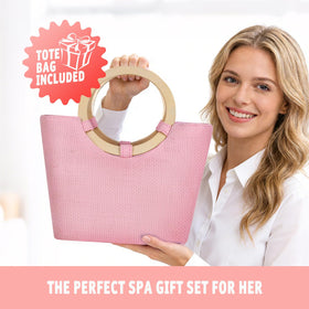 Spa Luxetique rose gift set presentation with premium spa items.