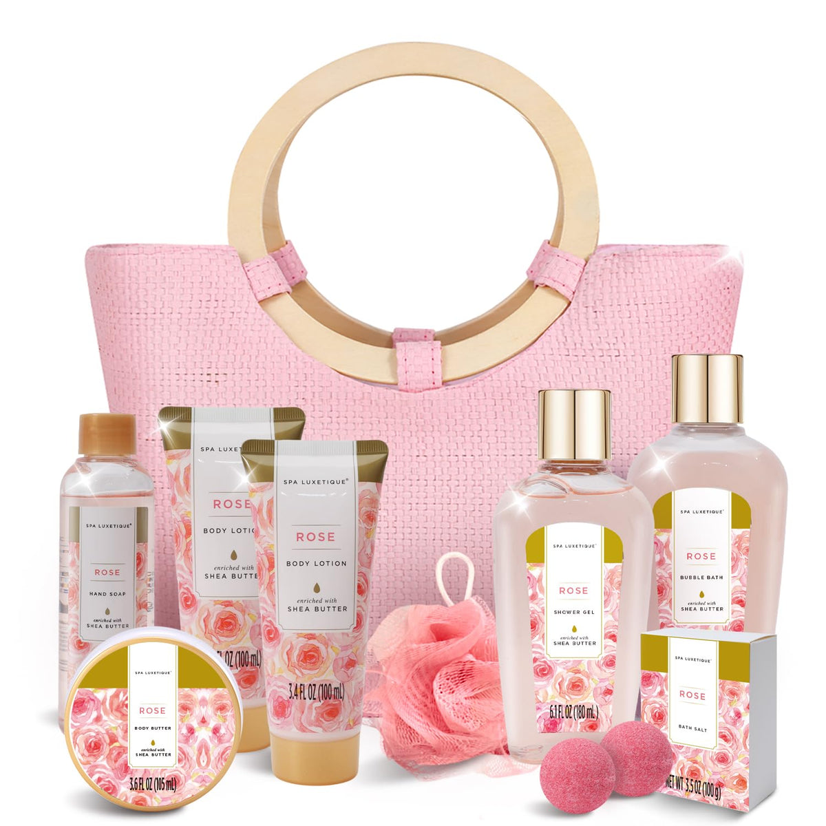 Spa Luxetique rose spa gift basket for elegant at-home self-care rituals.