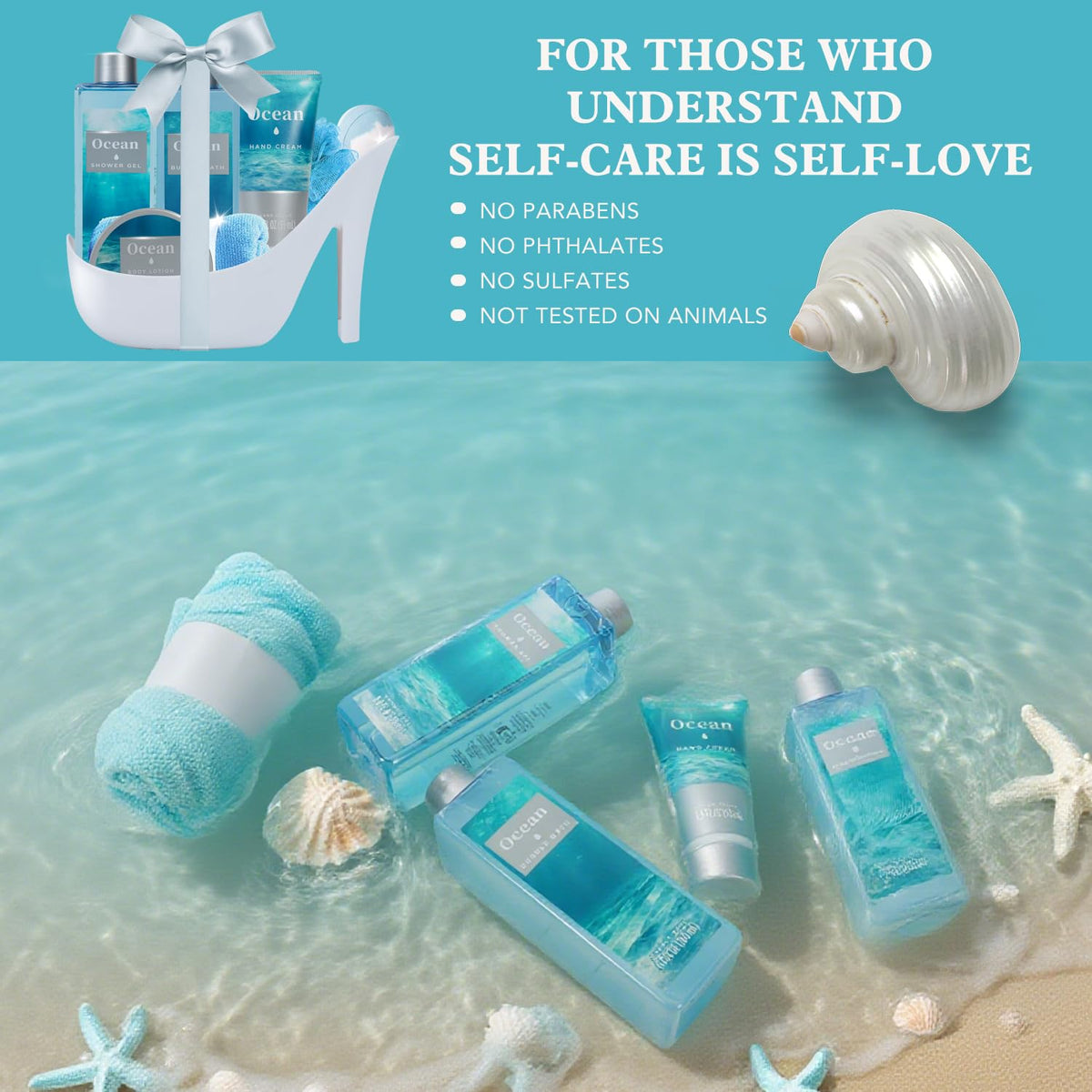 Spa Luxetique sea salt scrub and lotion inside aqua container