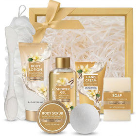 Spa Luxetique World vanilla shower gel bottle ready for refreshing cleanse.