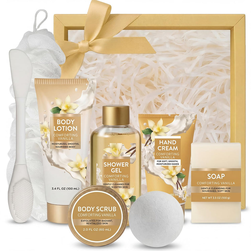 Spa Luxetique World vanilla shower gel bottle ready for refreshing cleanse.