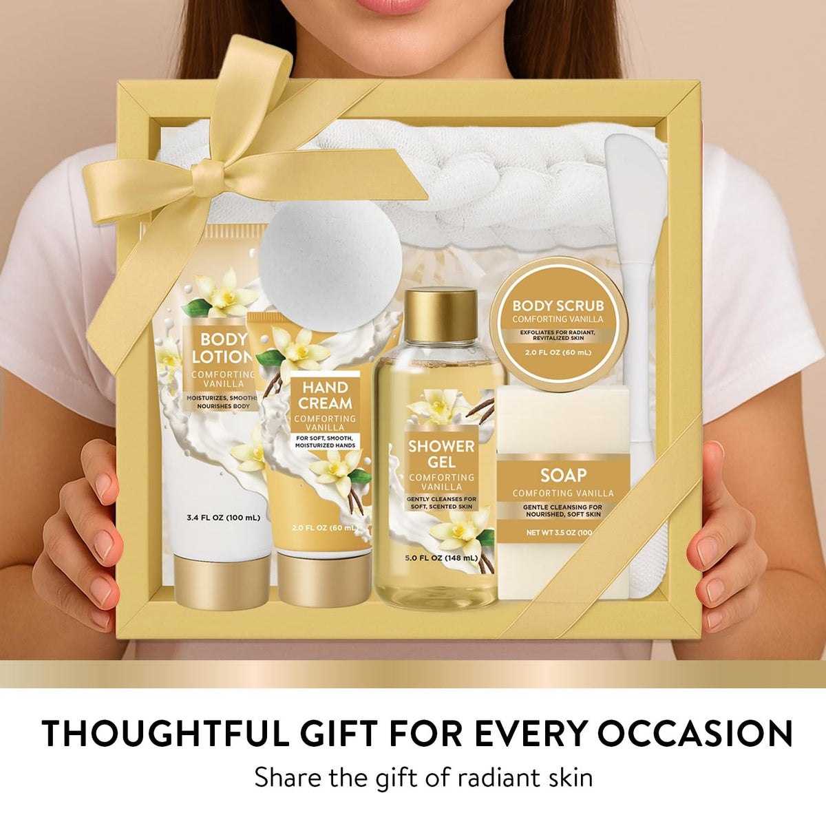 Spa Luxetique World vanilla unboxing scene, open presentation of the eight-piece set.