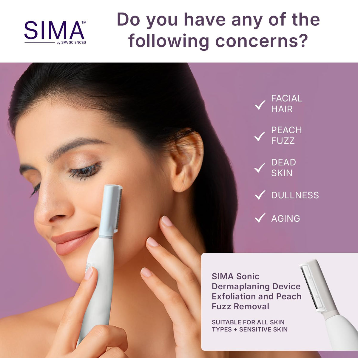 Spa Sciences SIMA Dermaplane Tool removes peach fuzz for smooth makeup application.