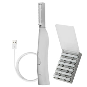 Spa Sciences SIMA Dermaplane Tool usage showing easy at-home exfoliation and peach fuzz removal.