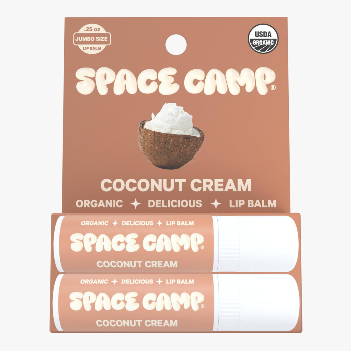 Space Camp Wellness coconut-cream texture close-up showing creamy lip hydration.