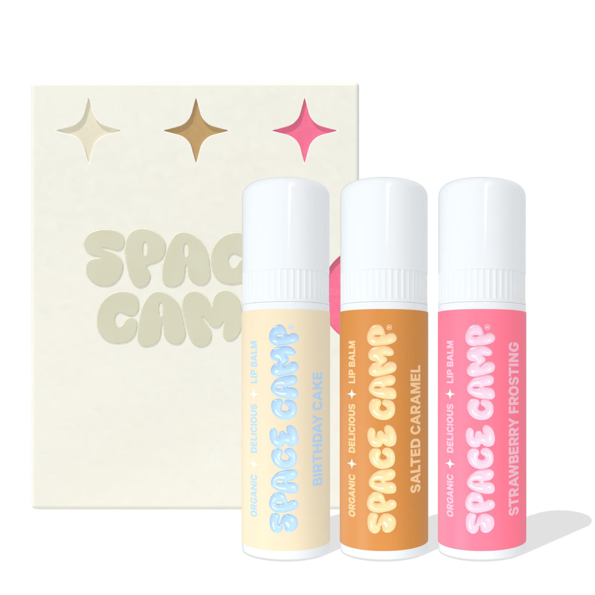 Space Camp Wellness Jumbo Lip Balm Birthday Cake pack shot for on-the-go hydration.