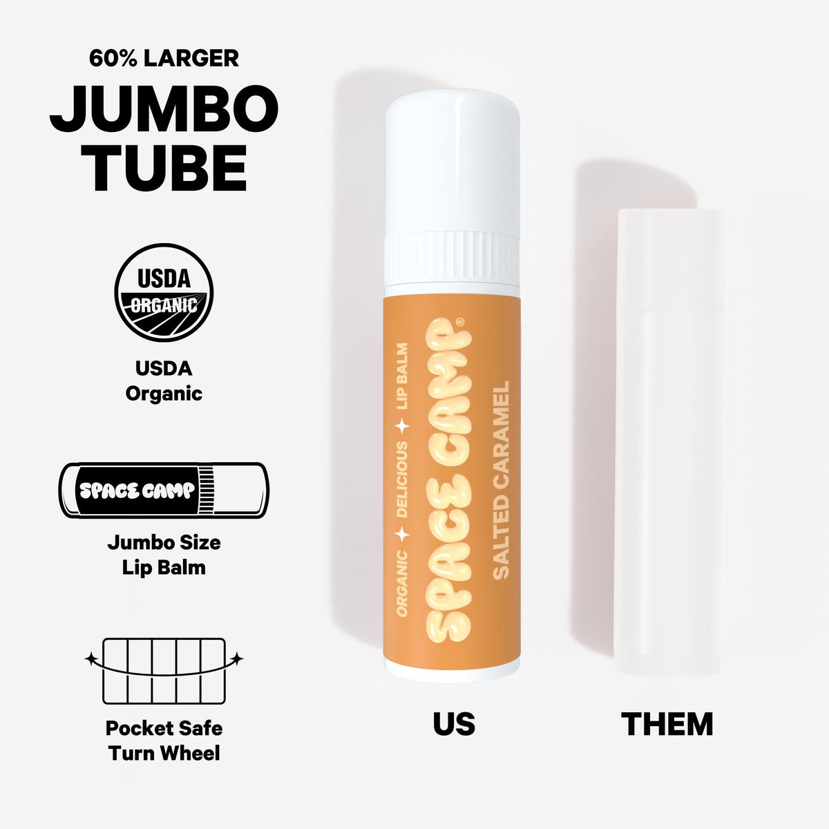 Space Camp Wellness Jumbo Lip Balm Birthday Cake tube on dresser for everyday moisture.