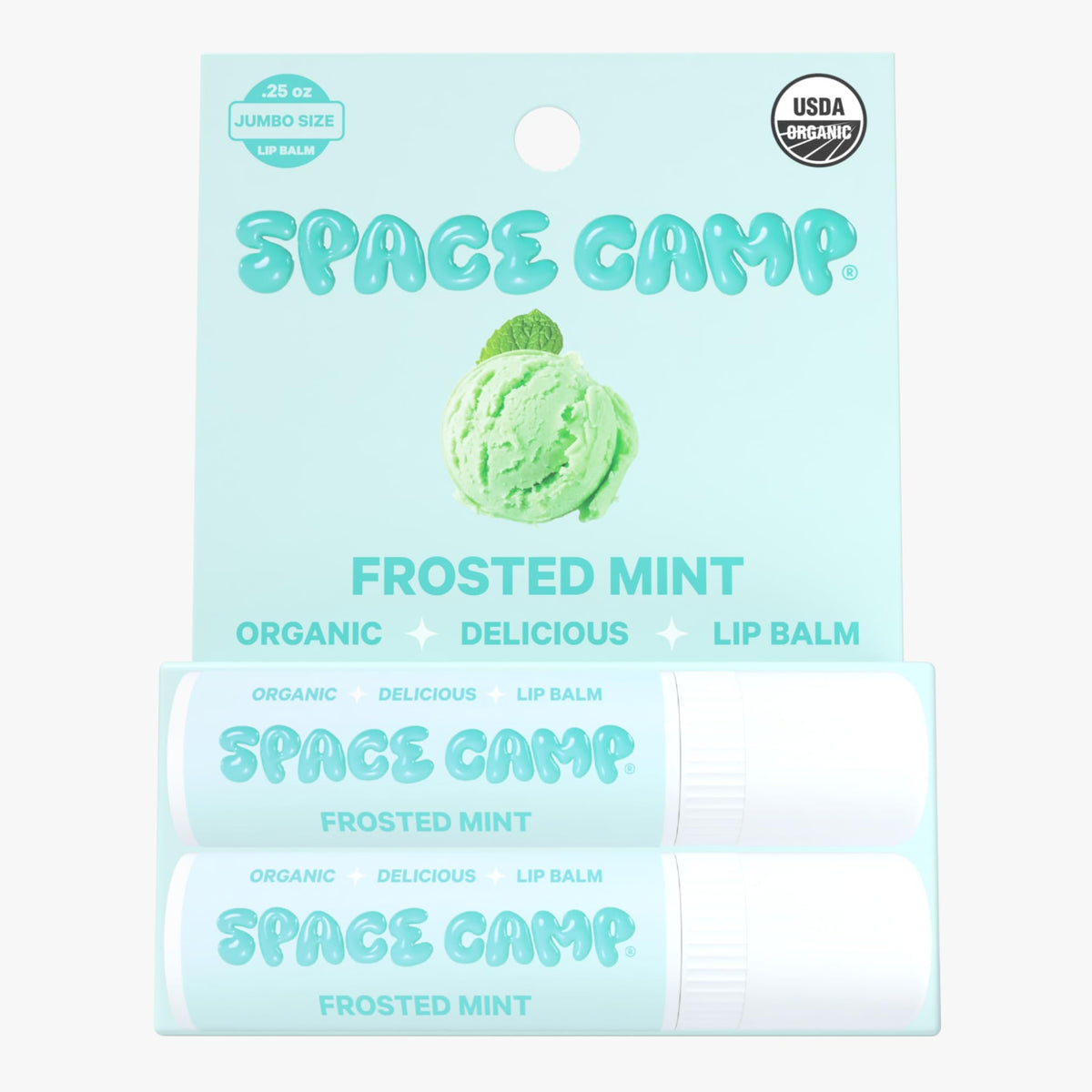 Close-up of Space Camp Wellness frosted mint balm being applied smoothly