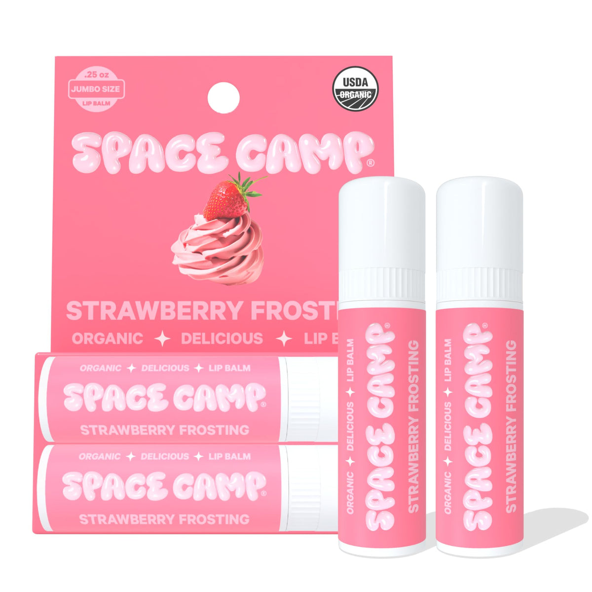 Space Camp Wellness Jumbo Lip Balm Strawberry Frosting tube ready for lip hydration.