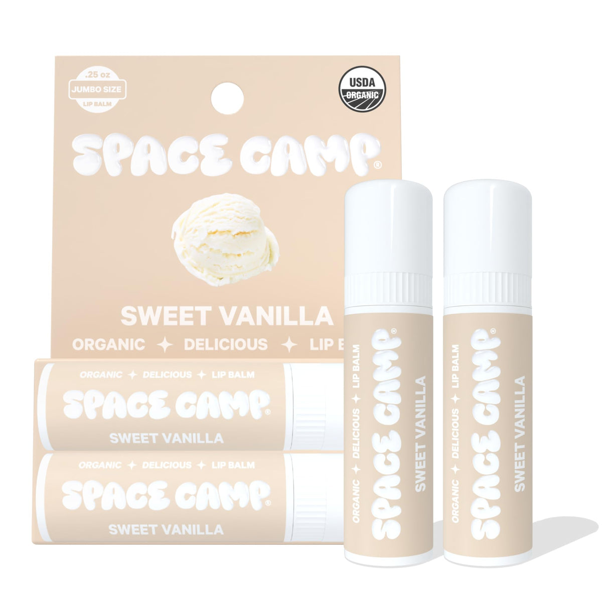 Space Camp Wellness vanilla-scented jumbo lip balm for smooth lips all day