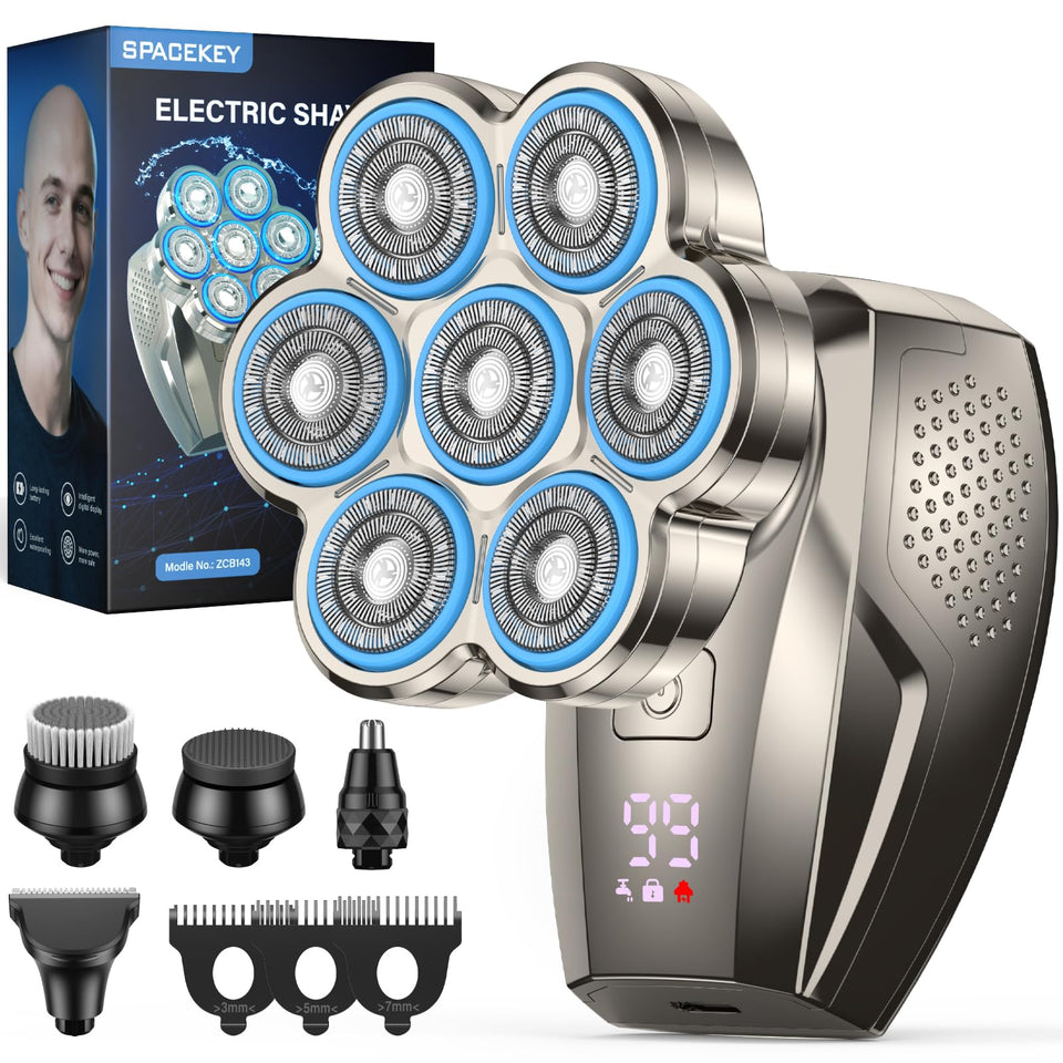Spacekey 7D head shaver with attachments for versatile bald grooming at home.