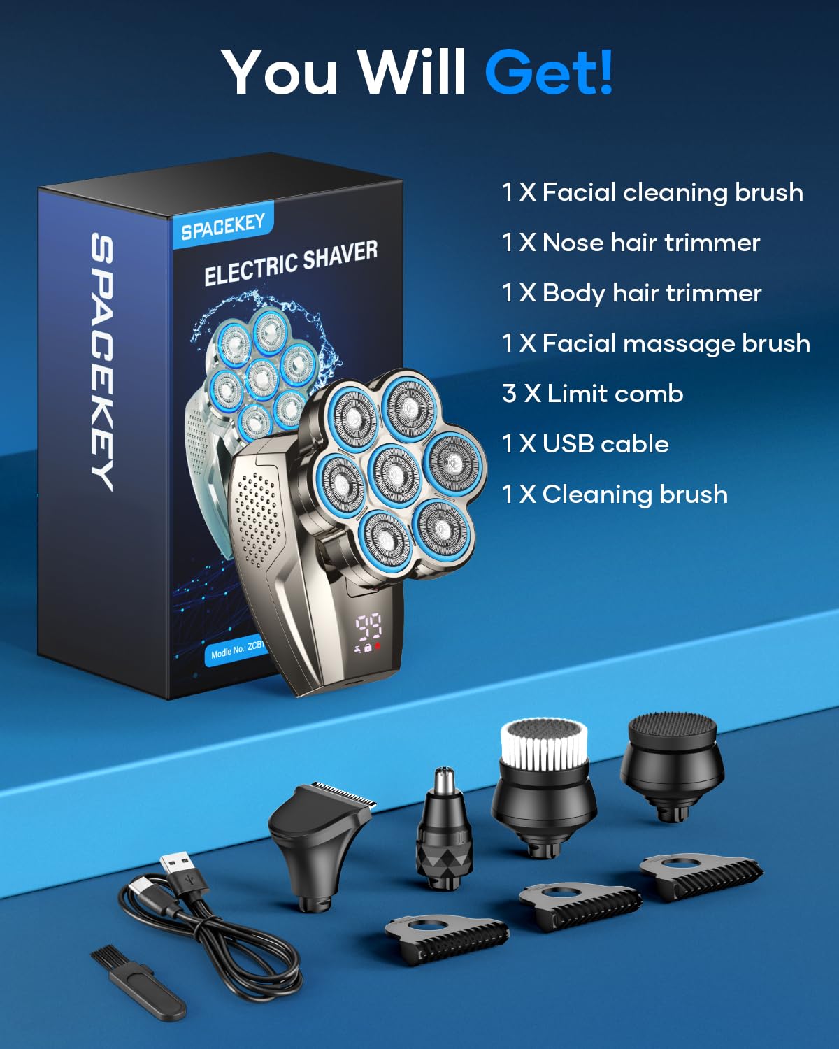 Spacekey 7D 5-in-1 attachments laid out for full grooming routine.