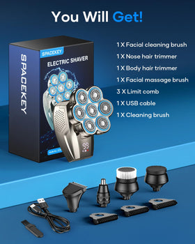 Spacekey 7D 5-in-1 attachments laid out for full grooming routine.