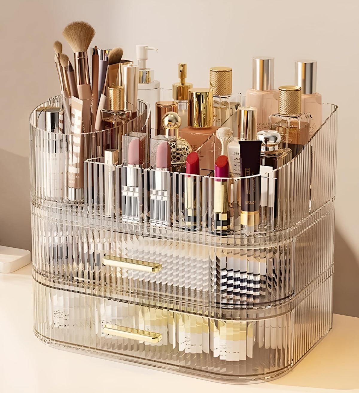 SpaceLuxe makeup organizer with 360° rotating brush holder for easy brush access.