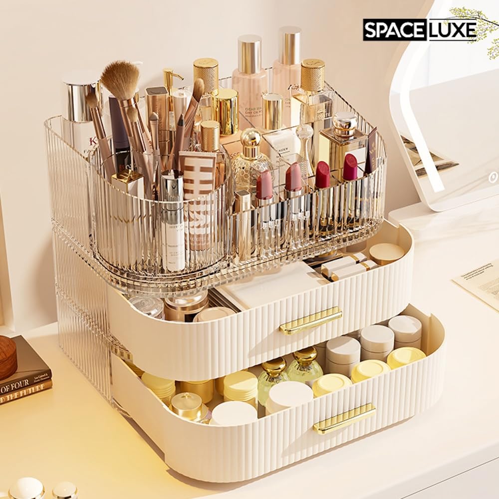 SpaceLuxe three-tier storage with two drawers for palettes and skincare.