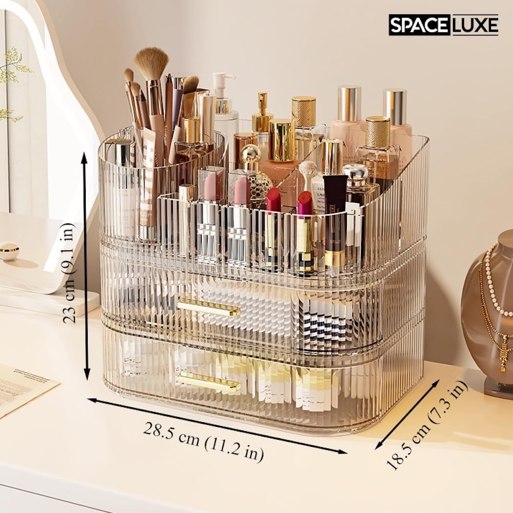SpaceLuxe two-drawer storage section holds palettes and skincare.